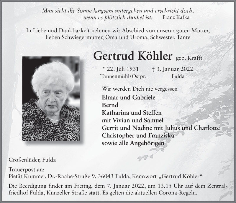  Traueranzeige für Gertrud K^öhler vom 05.01.2022 aus FZ